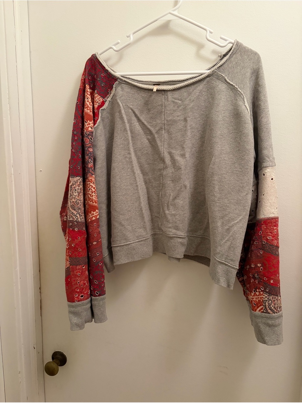 Free People Women’s Grey Sweatshirt with Red Patchwork Sleeves